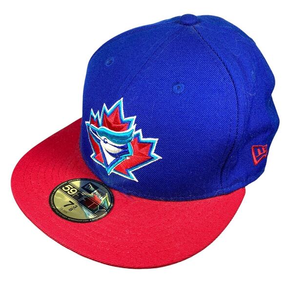 Toronto Blue Jays MLB New Era 59 Fifty Fitted Hat Blue Red Wool 7 3/8 Stickers - Picture 1 of 11